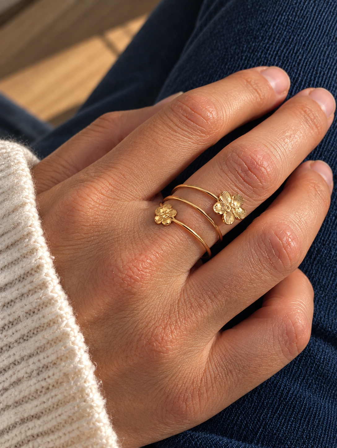 Bague Jardin suspendu – Bague fleur dorée en acier inoxydable