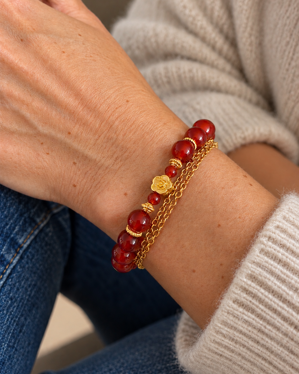 Bracelet femme Soléa en cornaline naturelle, avec détails et deux fines chaînettes dorées en plaqué or 18 carats, porté au poignet.
