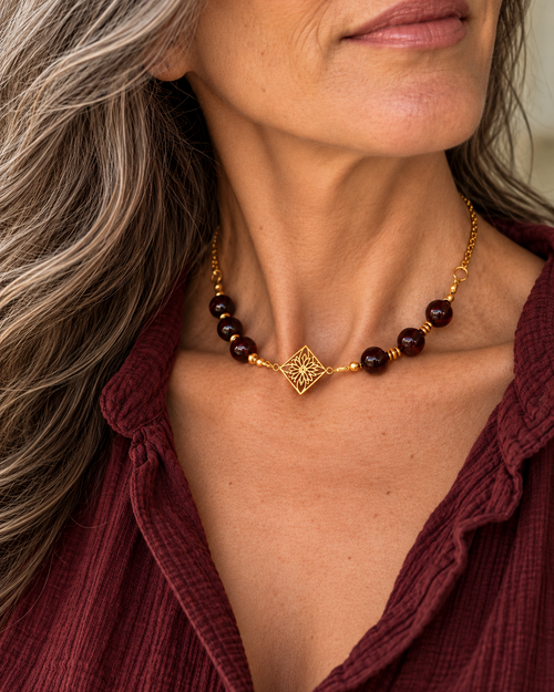 photo portée du collier Arabesque et ses perles de grenat aux nuances rouge profond. Son médaillon en plaqué or 18 carats dévoile de délicates arabesques ajourées, sublimées par de fines perles intercalaires dorées et travaillées. Un jeu de contrastes entre la profondeur des pierres naturelles et la finesse de l'or. Une création imaginée et assemblée à la main dans notre atelier en France.