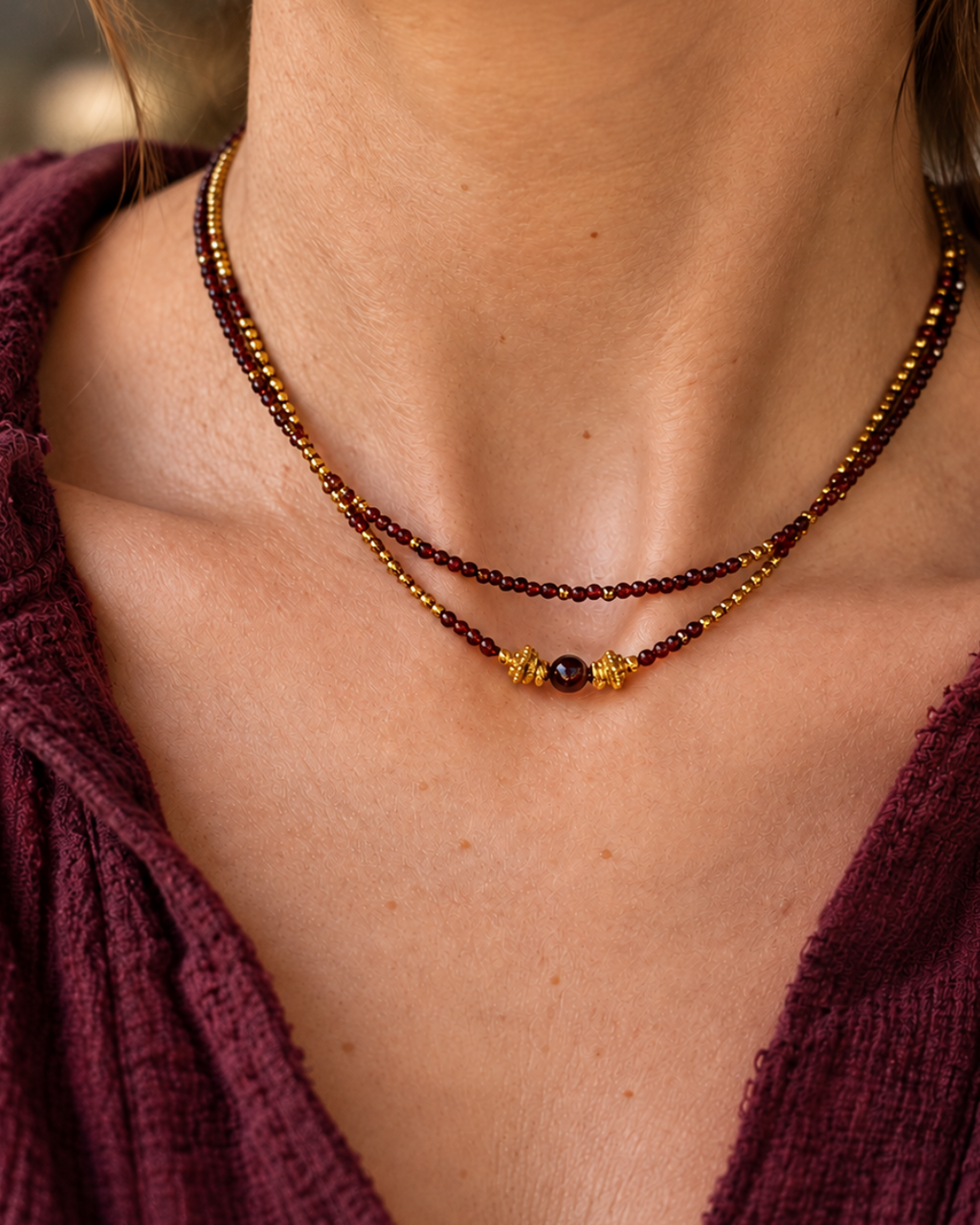 Collier ras-du-cou double rang Les Heures Pourpres porté par une femme, composé de grenats naturels, d’hématite dorée et de perles travaillées en plaqué or 18 carats. Création française signée Atelier d’Yselia.