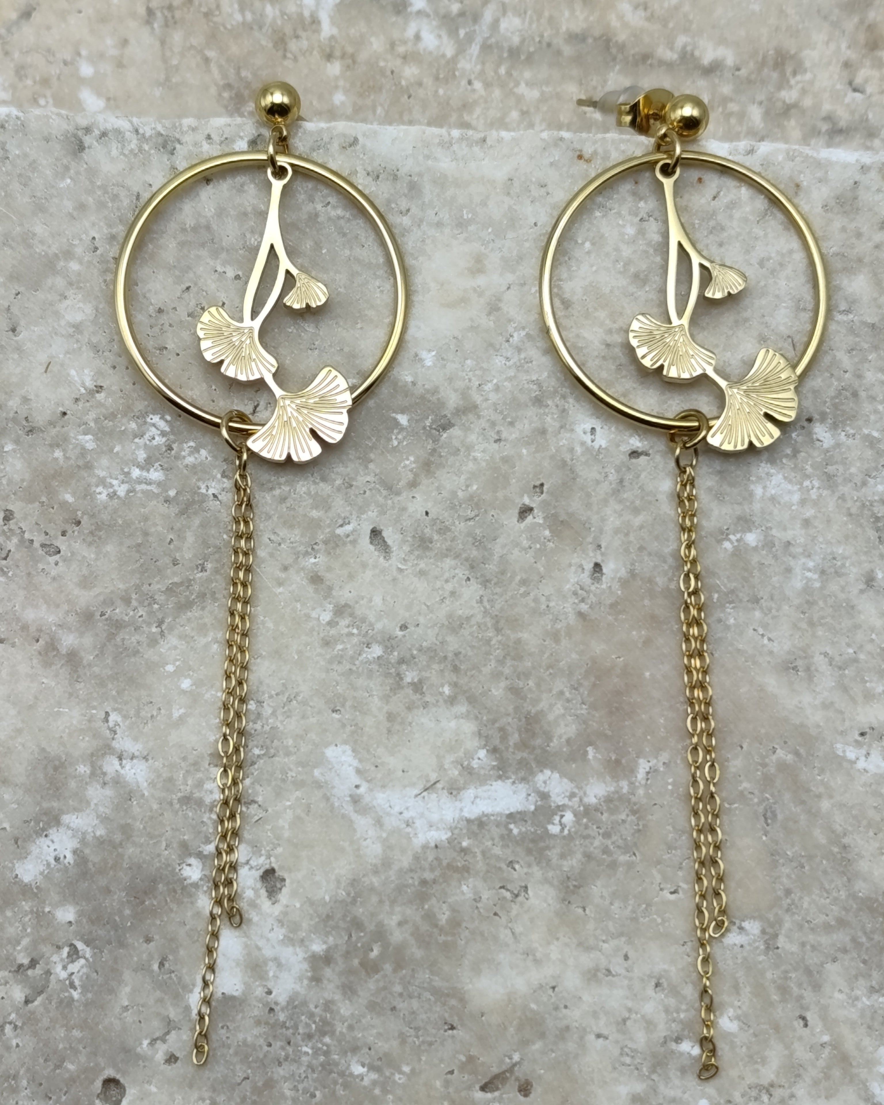 Boucles d'oreilles femme Ginkgo dorée en acier inoxydable - Yselia