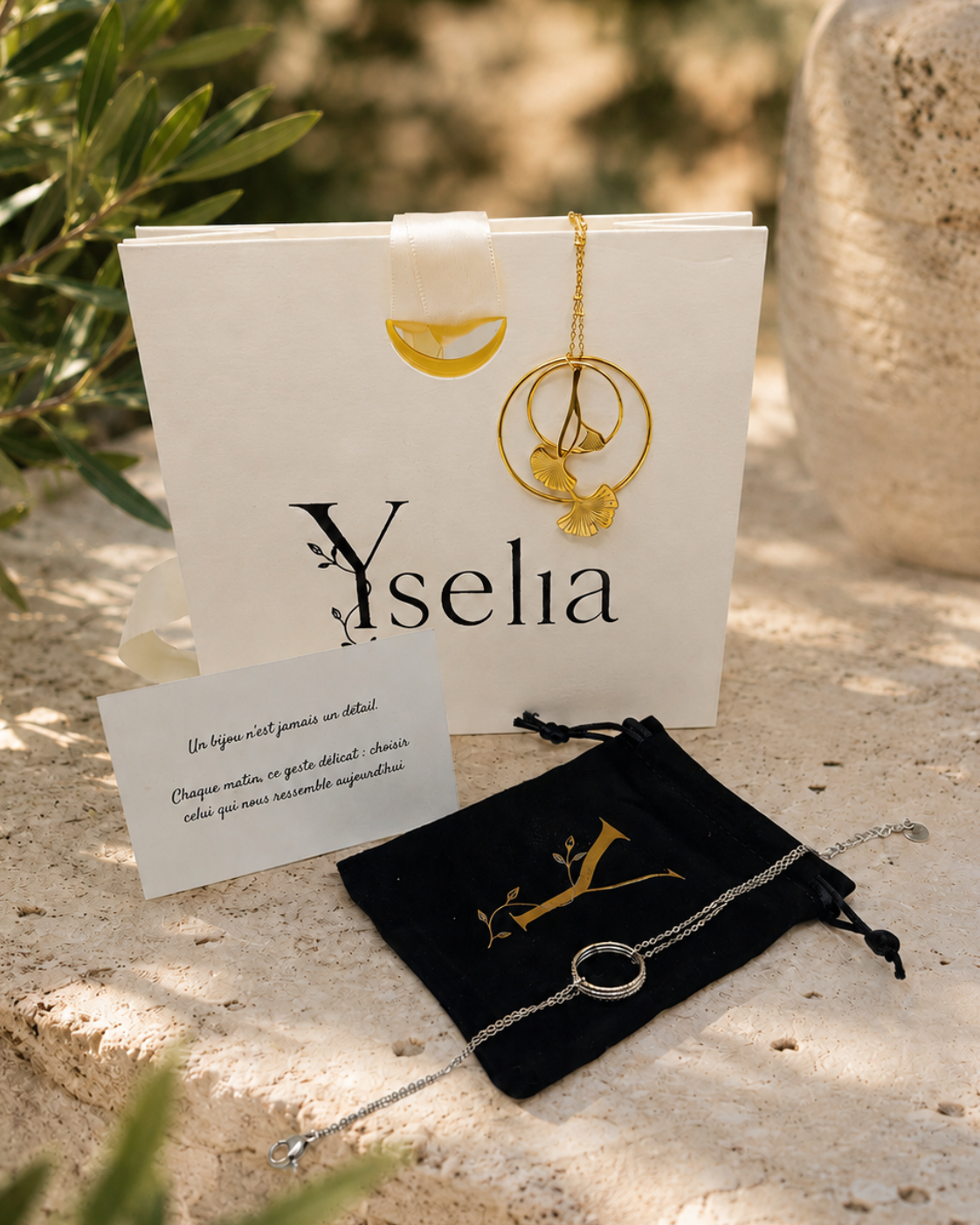 photo de l'emballage cadeau composé d'un pochon en velours noir avec le monogramme de yselia, une petite carte avec  une citation et une pochette cadeau de qualité avec le logo de la marque yselia. 